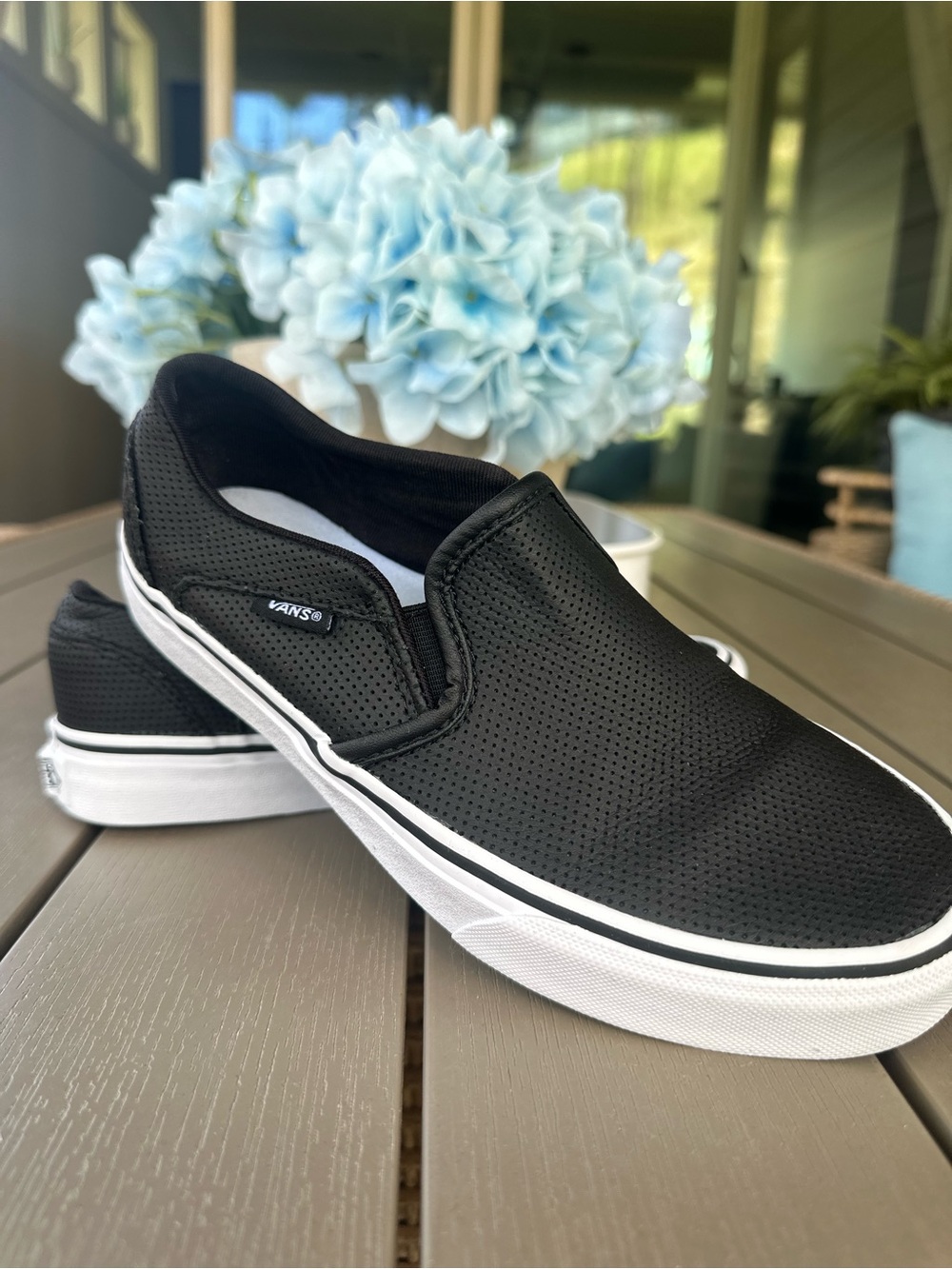 Vans Black Perforated Slip-On Loafers with White Sole